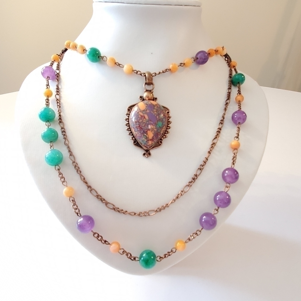 Vintage Copper Spiny Oyster Style Gemstone Multi Strand Necklace